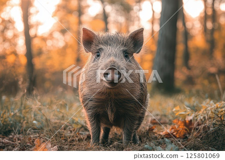 Wild pig poses in forest during golden hour 125801069