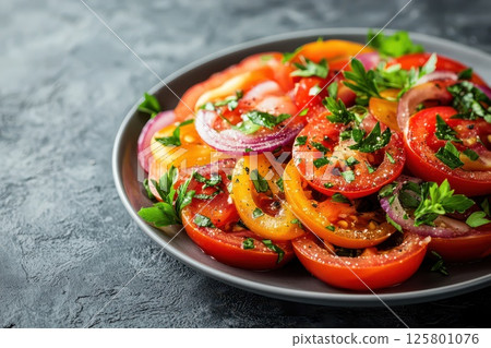 Colorful tomato salad garnished with herbs 125801076
