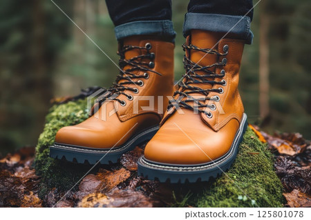 Robust leather boots on mossy forest ground Robust leather boots on mossy forest ground 125801078