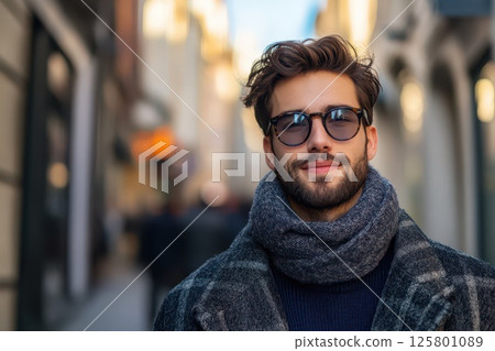 Young man in stylish outfit enjoys city stroll 125801089