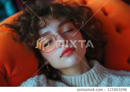 Young woman relaxing on orange couch with glasses 125801096