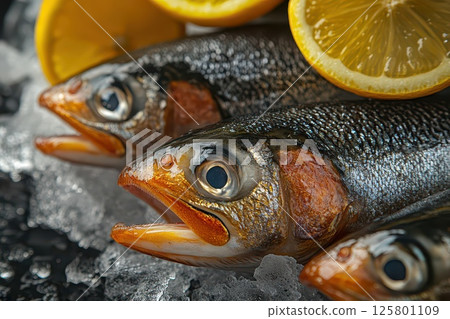 Freshly caught fish with lemon slices on ice Freshly caught fish with lemon slices on ice 125801109
