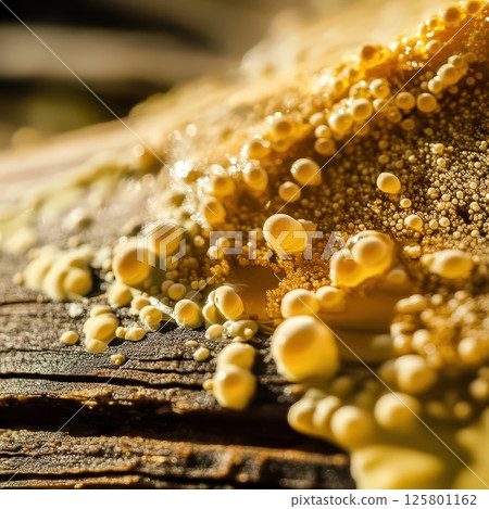 Mysterious yellow slime mold on weathered wood Mysterious yellow slime mold on weathered wood 125801162