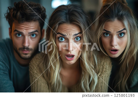 Surprised friends reacting in cozy indoor setting Surprised friends reacting in cozy indoor setting 125801193