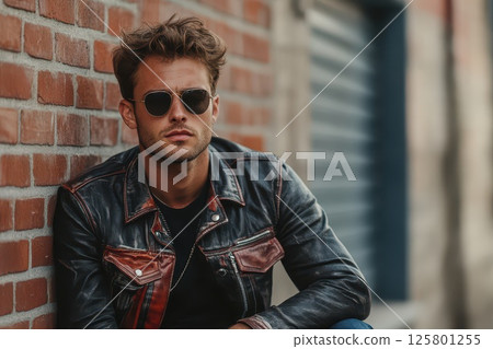 Stylish man in sunglasses poses against brick wall 125801255