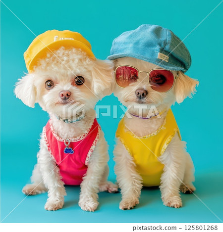 Two stylish dogs enjoying a fun summer day Two stylish dogs enjoying a fun summer day 125801268