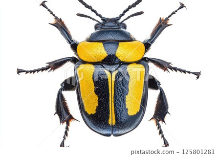 Bright yellow and black beetle on white background Bright yellow and black beetle on white background 125801281