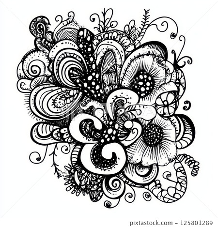 Intricate black and white floral pattern design 125801289