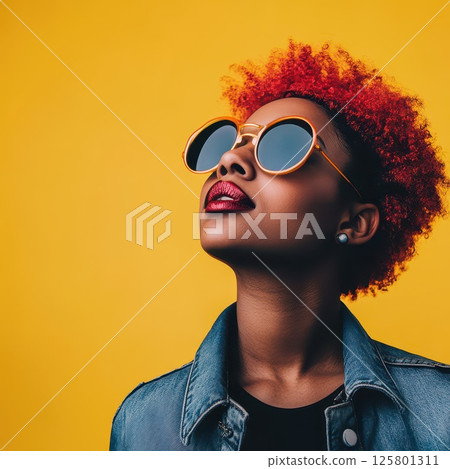 Stylish woman in shades vibrant hair 125801311