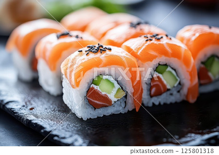 Fresh salmon and cucumber sushi rolls 125801318