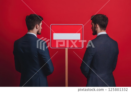 Two men in suits standing before a no entry sign 125801332