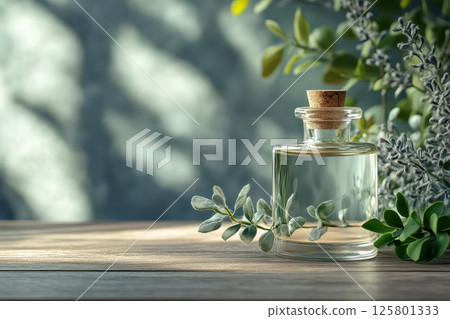 Fresh herbal oil displayed with green leaves 125801333