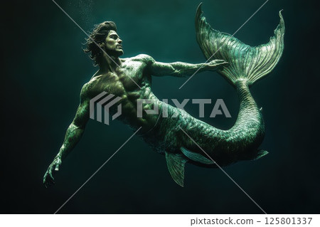 Merman swimming gracefully in deep dark waters 125801337