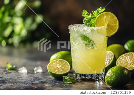 Refreshing lime cocktail served with mint garnish Refreshing lime cocktail served with mint garnish 125801339