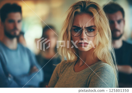 Young woman with serious expression among friends Young woman with serious expression among friends 125801350