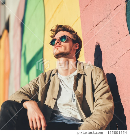Young man relaxing against colorful wall Young man relaxing against colorful wall 125801354