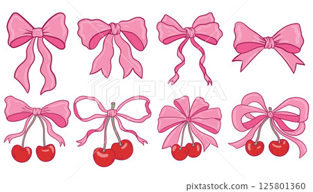 Set of colorful hand drawn coquette style bows and cherry bows, perfect for feminine, romantic, or playful decorative elements Set of colorful hand drawn coquette style bows and cherry bows, perfect for feminine, romantic, or playful decorative elements 125801360