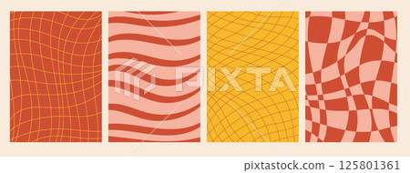 Set of groovy posters with checkered and striped patterns in vibrant retro colors, featuring wavy lines and optical illusions 125801361