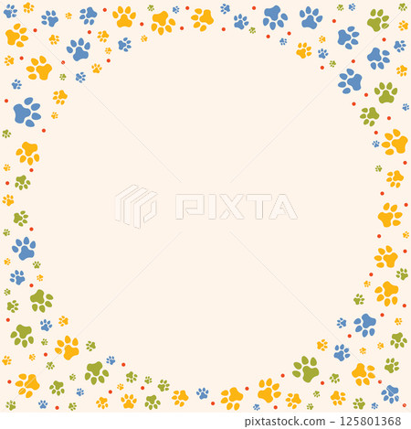Colorful round frame filled with multicolored dog paw prints on beige background, ideal for pet designs, animal care branding, and playful decorations for dog lovers 125801368