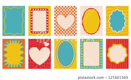 Abstract Groovy mini Greeting Cards or Frames, or Posters in cartoon style 90s. Bright banners in the minimalist style. Abstract Groovy mini Greeting Cards or Frames, or Posters in cartoon style 90s. Bright banners in the minimalist style. 125801369