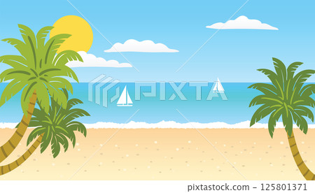 Summer Sea Beach Landscape featuring sunshine, blue sky, gentle ocean waves, palm trees, and golden sand, creating a serene tropical getaway mood Summer Sea Beach Landscape featuring sunshine, blue sky, gentle ocean waves, palm trees, and golden sand, creating a serene tropical getaway mood 125801371