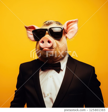 Chic pig in tux and shades poses boldly 125801383