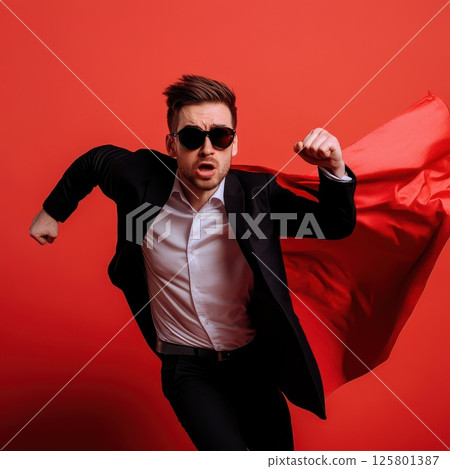 Suit clad man with cape on red backdrop Suit clad man with cape on red backdrop 125801387