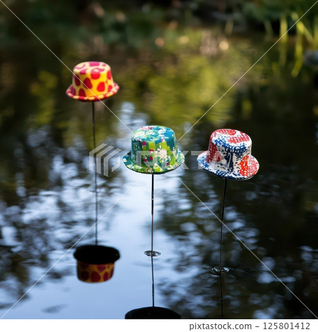 Hats afloat on water in a calm scene 125801412