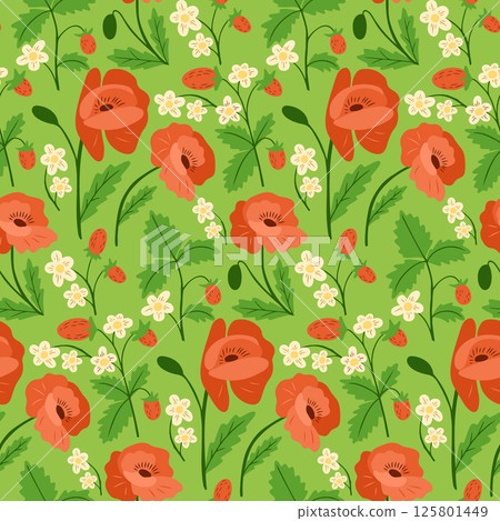 Seamless pattern with hand drawn red poppies Seamless pattern with hand drawn red poppies 125801449