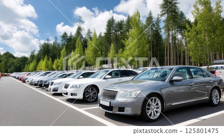 A row of cars parked neatly in a parking lot with a bright blue sky above, showcasing modern design and clear visibility A row of cars parked neatly in a parking lot with a bright blue sky above, showcasing modern design and clear visibility 125801475