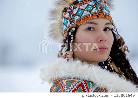 Canadian Indigenous Woman in Traditional Fur-Lined Attire 125801649