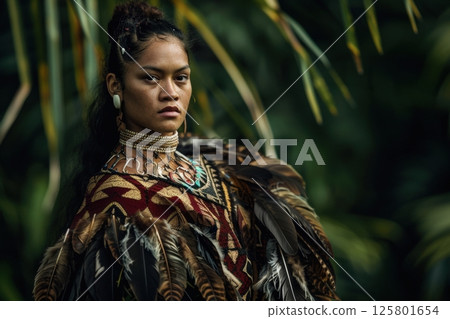Maori Woman in Traditional Feathered Cloak with Strong Presence 125801654