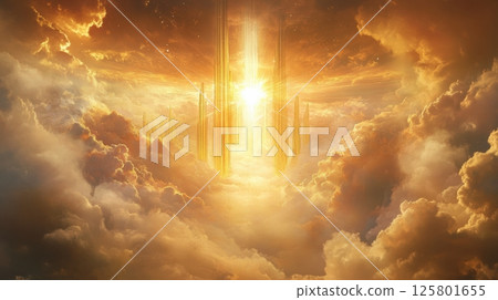 Surreal Heavenly Scene with Golden Gates 125801655