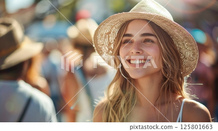 Smiling Woman in Straw Hat at a Summer Festival 125801663