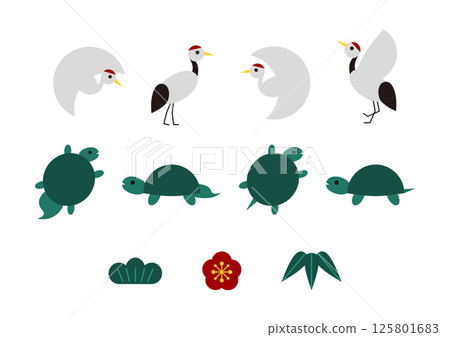可愛的鶴和烏龜圖標插圖集 125801683