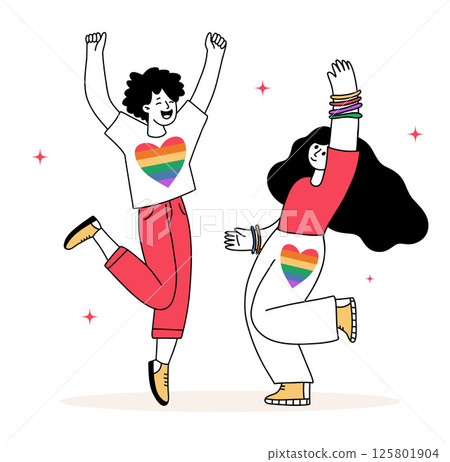 Happy LGBTQ Couple Dancing. Pride Month. Minimalist People with rainbow heart symbols, celebrating LGBT pride and love with energetic movement and smiles. Hand Doodle drawing. Vector Illustration 125801904