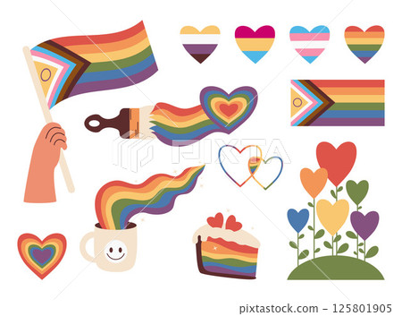 Pride Month set. Hand LGBTQ Holding Rainbow Progress Flag, Diverse Hearts and symbols, signs LGBT community. Isolated holiday elements. Vector illustration in flat style Pride Month set. Hand LGBTQ Holding Rainbow Progress Flag, Diverse Hearts and symbols, signs LGBT community. Isolated holiday elements. Vector illustration in flat style 125801905