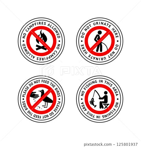 Prohibited label No campfires allowed, No fishing, Do not feed birds, Do not urinate here, forbidding sticker set 125801937