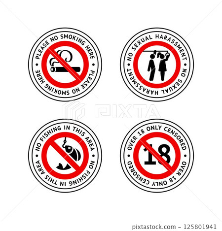 Prohibited label No smoking, No fishing, No sexual harassment, Over 18 only censored, forbidding sticker set 125801941