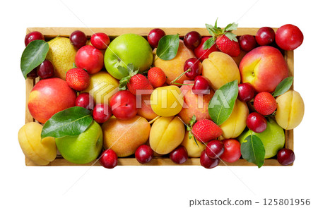 Mix of fresh fruits in wooden box isolated on white background Mix of fresh fruits in wooden box isolated on white background 125801956