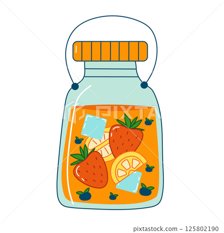 Homemade lemonade glass jar with fruits and ice inside 125802190