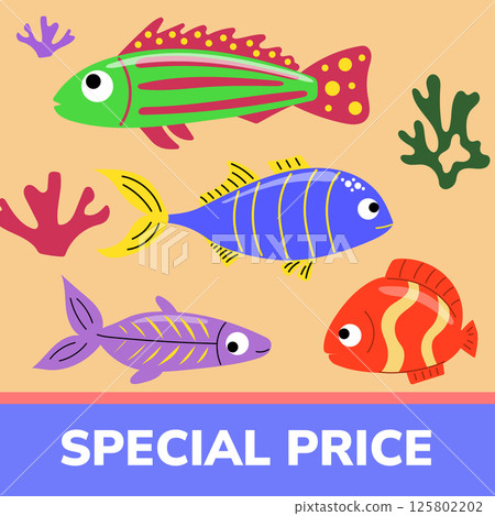 Bright banner with tropical fish. Exotic fish banner. 125802202