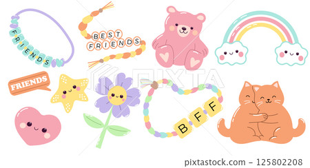 Friendship day set with cute elements. Bracelets and teddy bear. Friendship day set with cute elements. Bracelets and teddy bear. 125802208