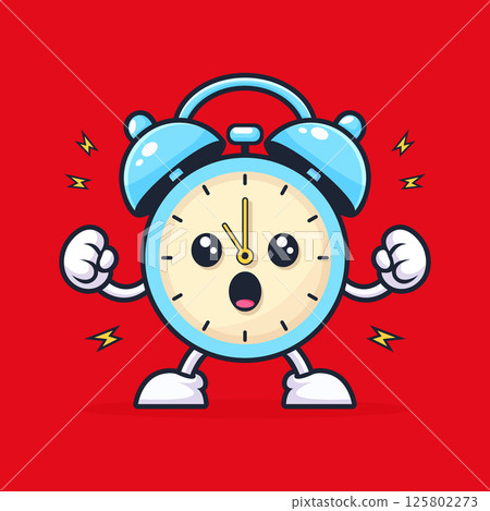 alarm clock character flat vector illustration with energetic and cheerful wake up expression. 125802273