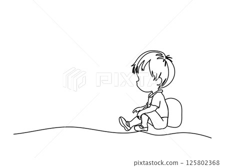 Cute little boy with a backpack. One line drawing vector illustration. Cute little boy with a backpack. One line drawing vector illustration. 125802368