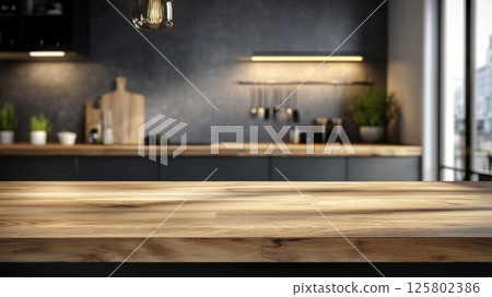 Trendy empty wood countertop in a modern kitchen with blurred background highlighting minimalist design elements Trendy empty wood countertop in a modern kitchen with blurred background highlighting minimalist design elements 125802386