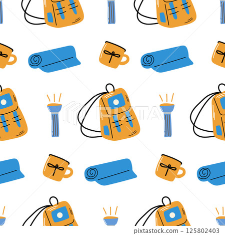Hiking seamless pattern. Campfire set. Campfire seamless pattern. 125802403