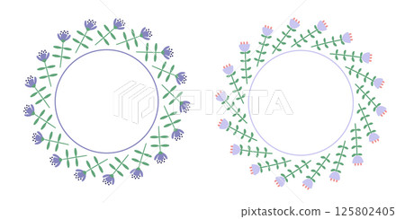 Simple blue flowers in floral wreaths. 125802405
