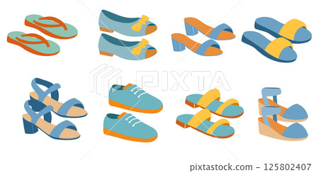 Blue summer shoes set on white background. Trendy shoes. Blue summer shoes set on white background. Trendy shoes. 125802407
