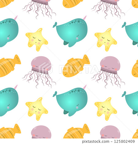 Sea life seamless pattern. Whale, starfish and jellyfish 125802409